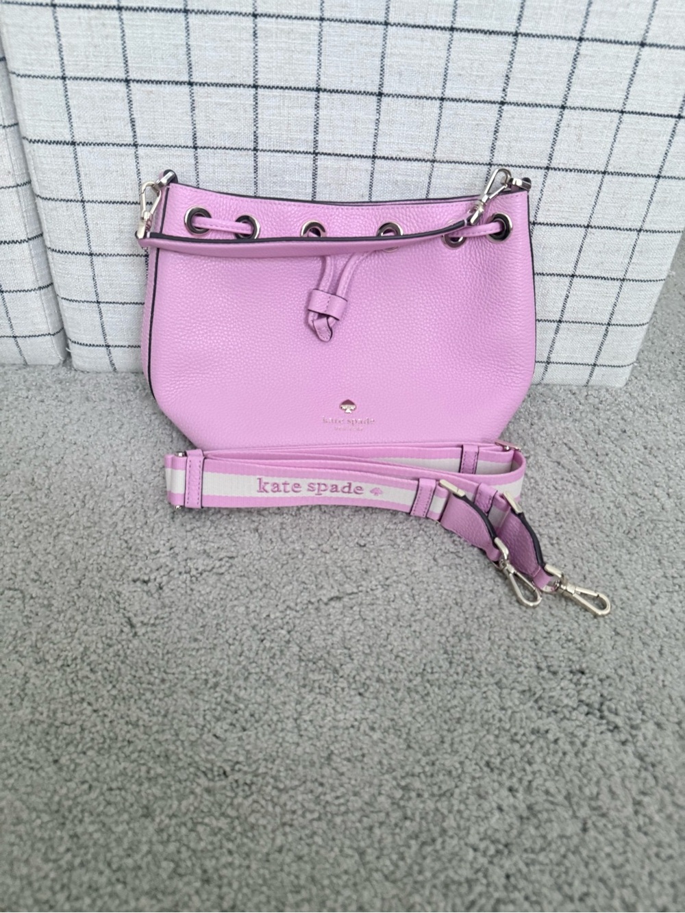 kate spade Lilac Pebbled Leather Drawstring Crossbody Bag with Branded Strap